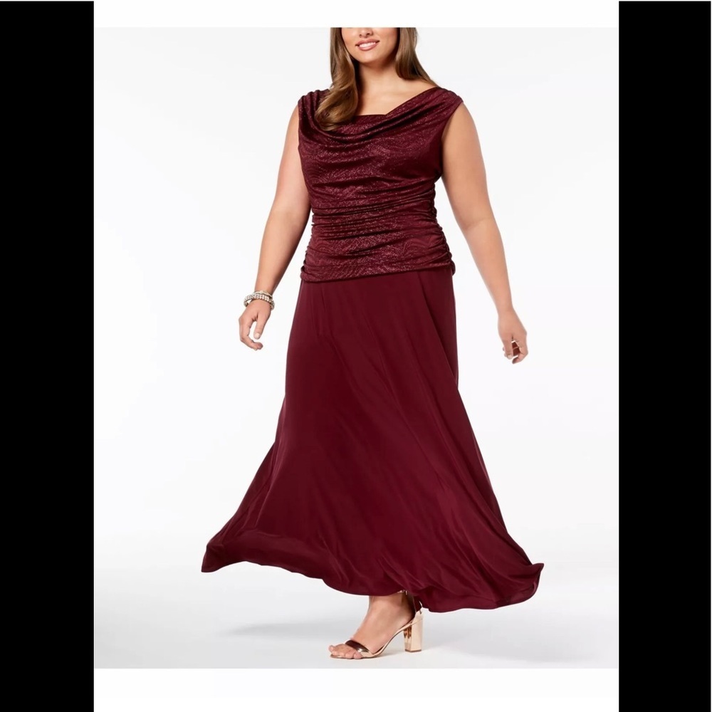 Women’s Formal Dress Plus Size 16W Maroon Glitter Ruched R&M Richards Gown Prom - Picture 3 of 4